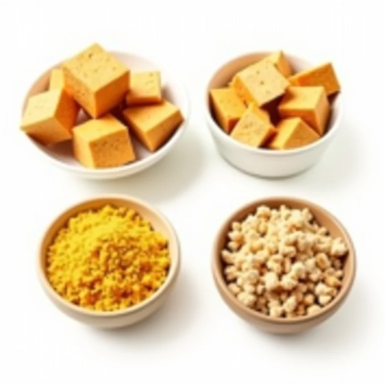 Substitutos da carne veganos: tofu defumado, tempeh marinado e proteína vegetal.