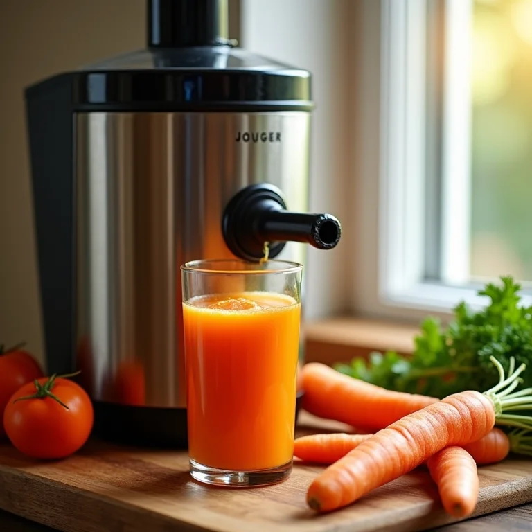 Suco de cenoura sendo extraído em extrator moderno