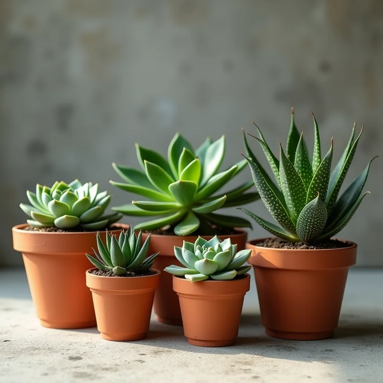 Suculentas variadas em vasos de terracota.
