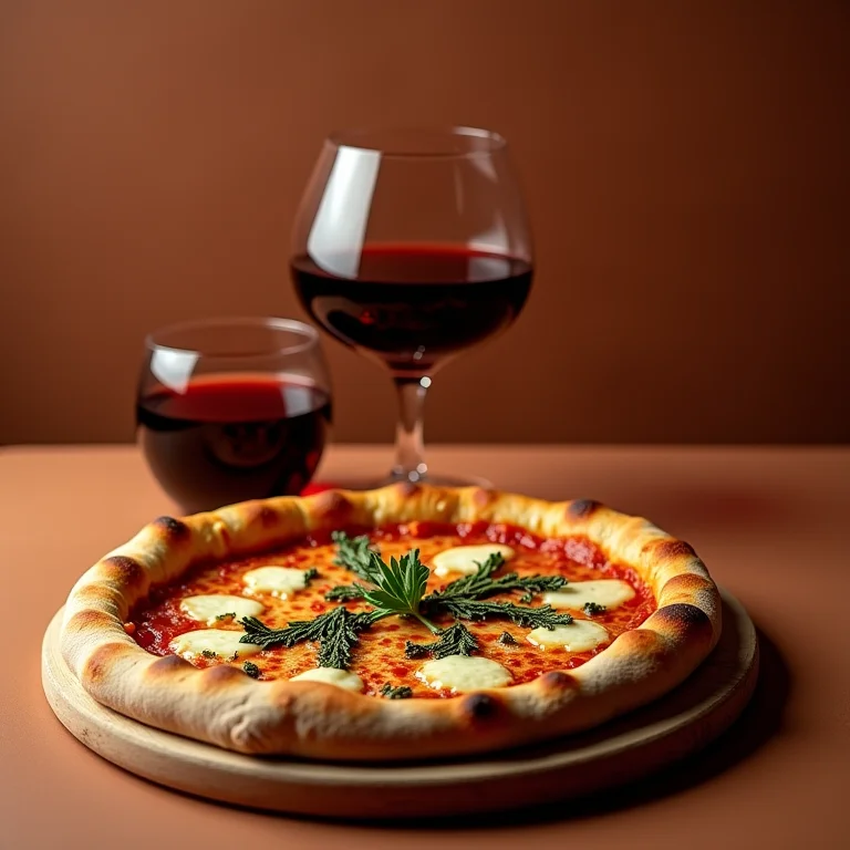 Taça de vinho tinto ao lado de uma fatia de pizza de orégano.