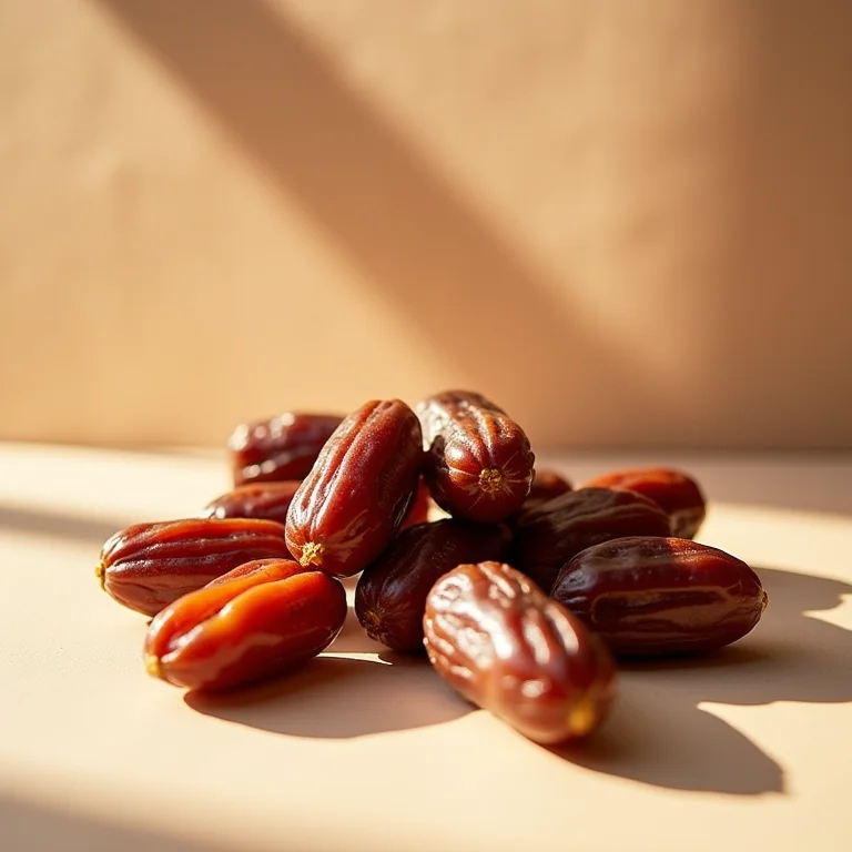 Tâmaras secas e caroços de tâmara dispostos artisticamente.