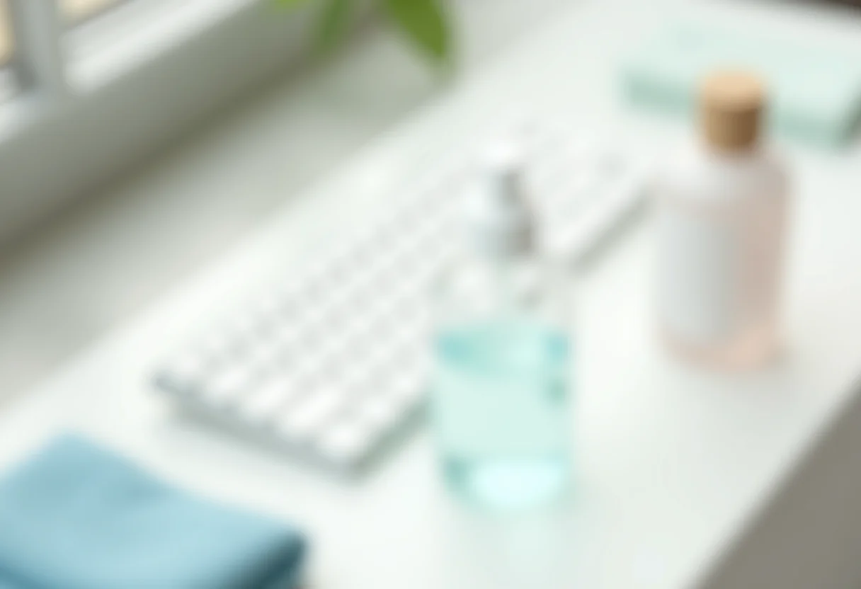 Teclado de borracha branco impecável e materiais de limpeza ao redor