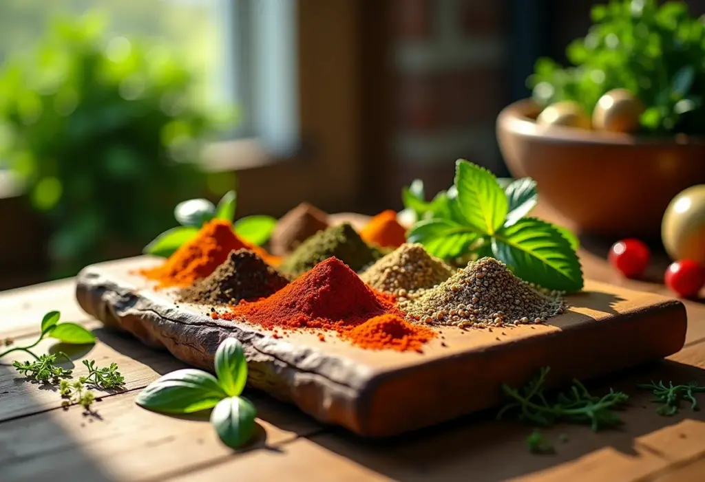 Tempero Edu Guedes e ingredientes frescos dispostos em uma tábua rústica