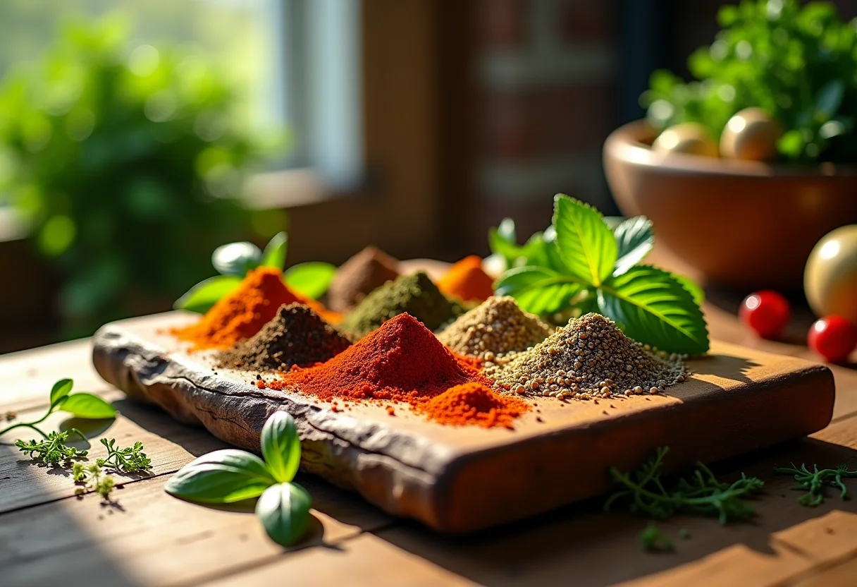 Tempero Edu Guedes e ingredientes frescos dispostos em uma tábua rústica