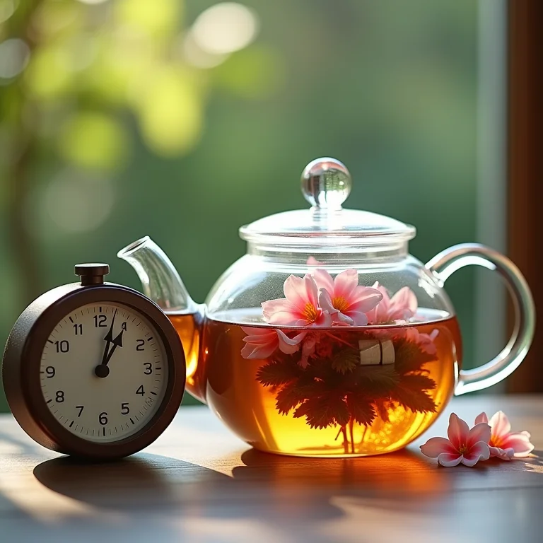 Temporizador ao lado de bule de vidro com chá de flor em infusão