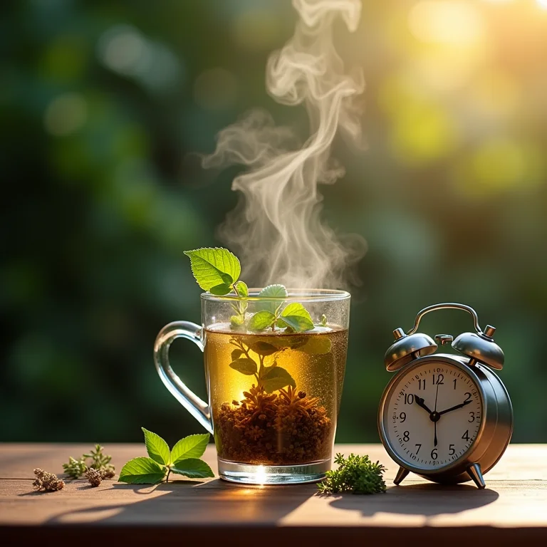 Temporizador ao lado de xícara de vidro com ervas em infusão.