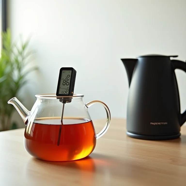 Termômetro digital medindo a temperatura do chá.
