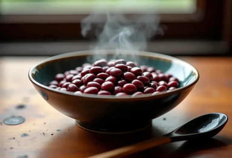 Tigela de feijão azuki cozido em mesa de madeira rústica