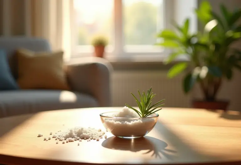 Tigela de vidro com arruda e sal grosso em mesa de madeira.