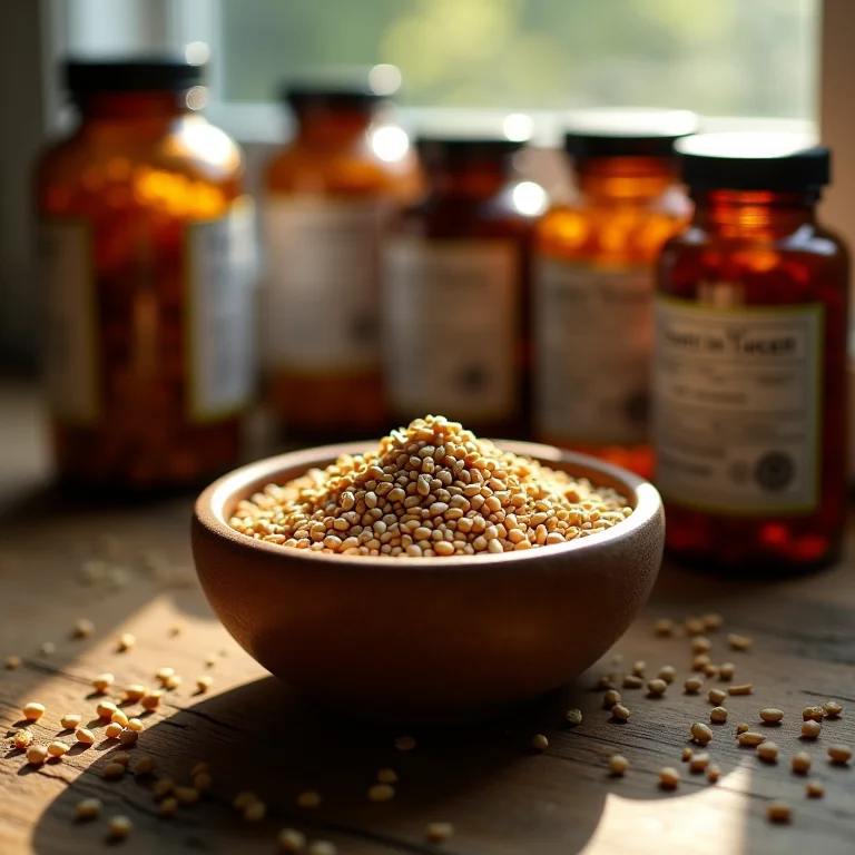 Tigela rústica com sementes de alcaravia e frascos de suplementos vitamínicos.