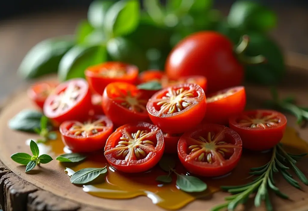 Tomates secos caseiros em mesa de madeira rústica com azeite e ervas.