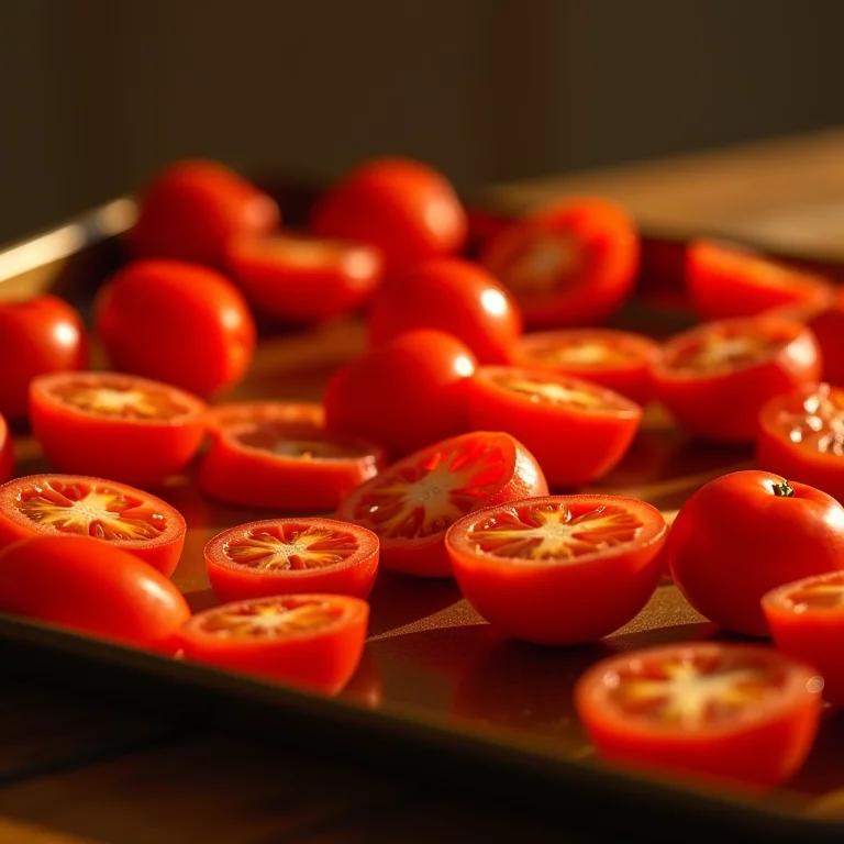 Tomates sendo fatiados e dispostos em uma assadeira para secar.