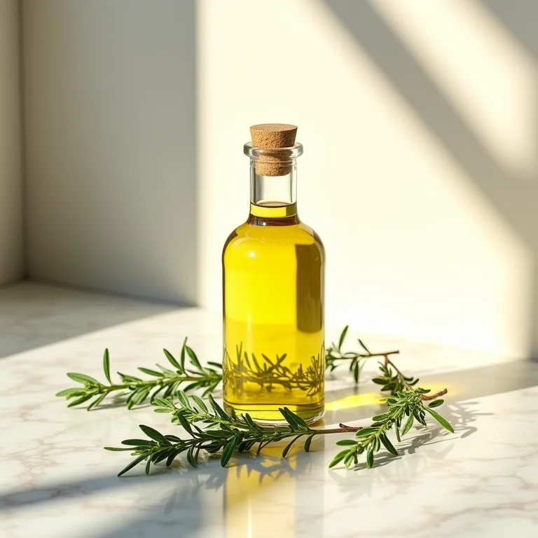 Tomilho fresco e azeite extra virgem em bancada de mármore.