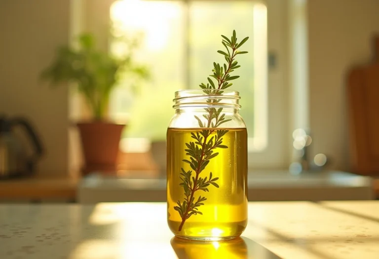 Tomilho fresco em azeite em um frasco de vidro.