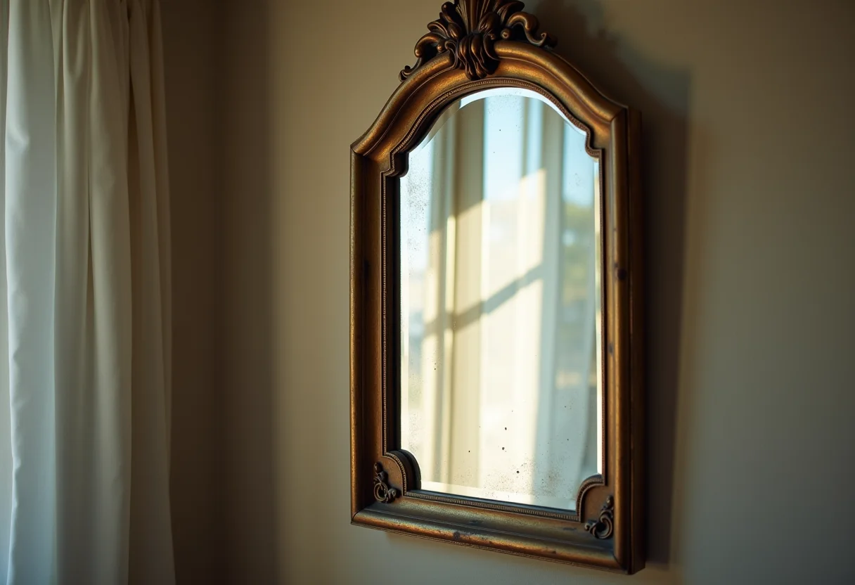 Um espelho antigo com reflexo suave, iluminado por luz natural.