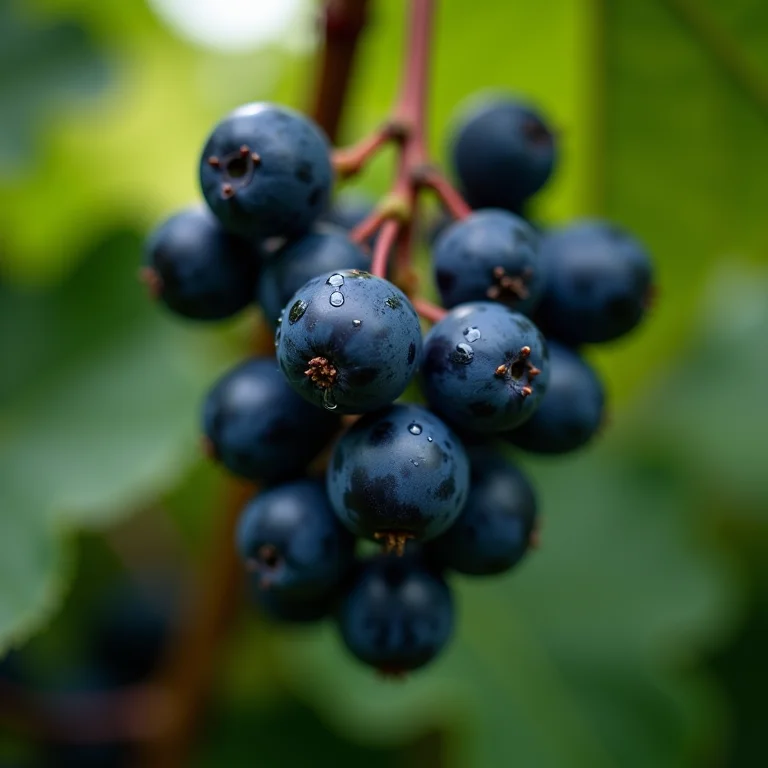 Uvas escuras frescas com orvalho.