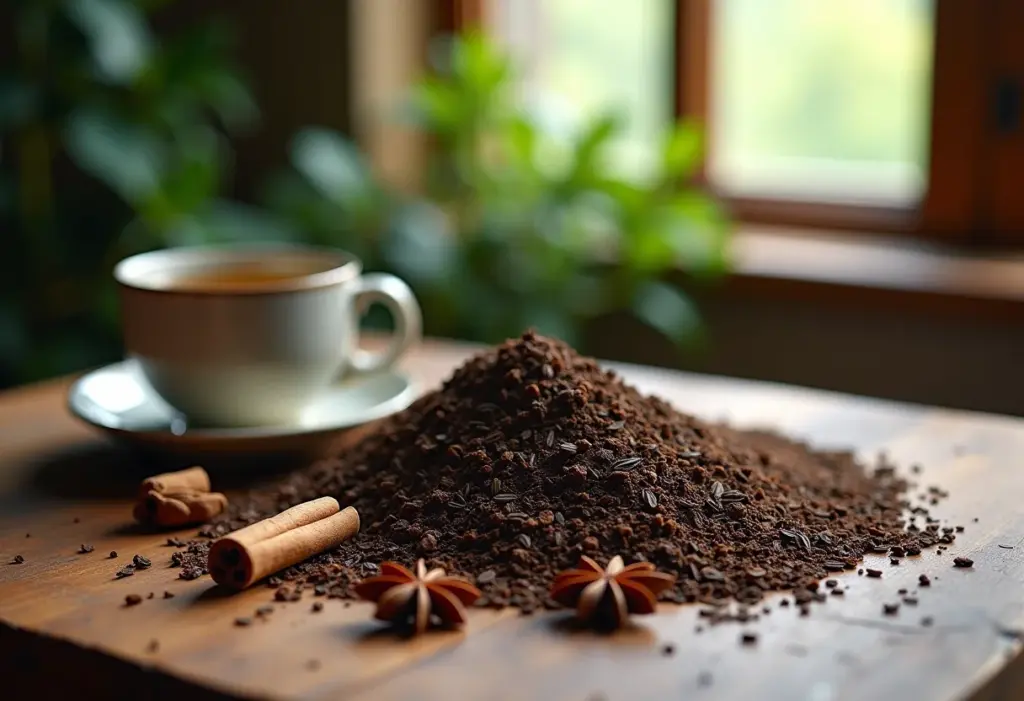 Uxi Amarelo e ingredientes para chá em mesa de madeira rústica