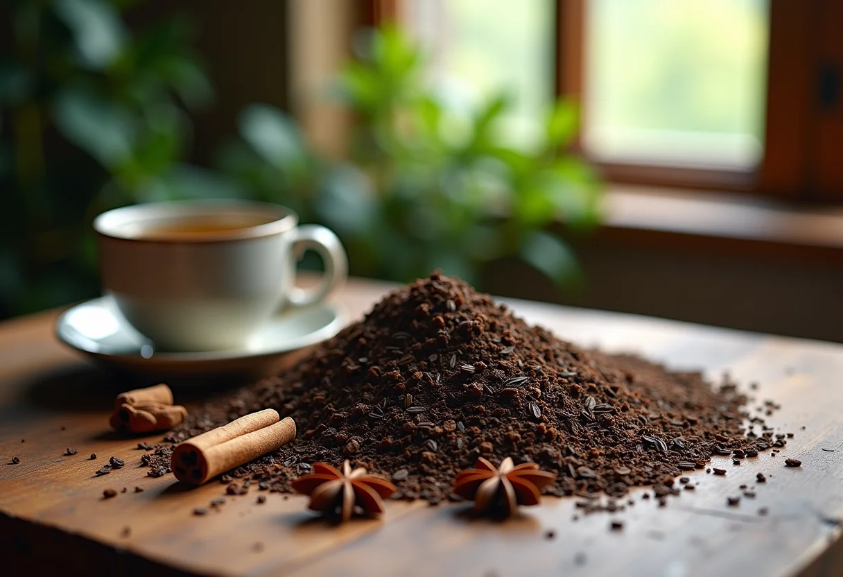 Uxi Amarelo e ingredientes para chá em mesa de madeira rústica