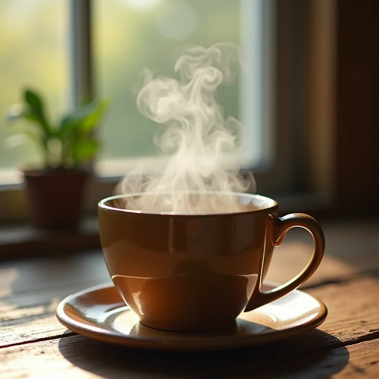 Vapor do chá Vick subindo de uma xícara em fundo de madeira rústica.