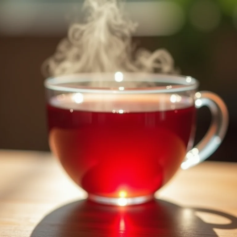 Vapor perfumado subindo de uma xícara de chá de hibisco.