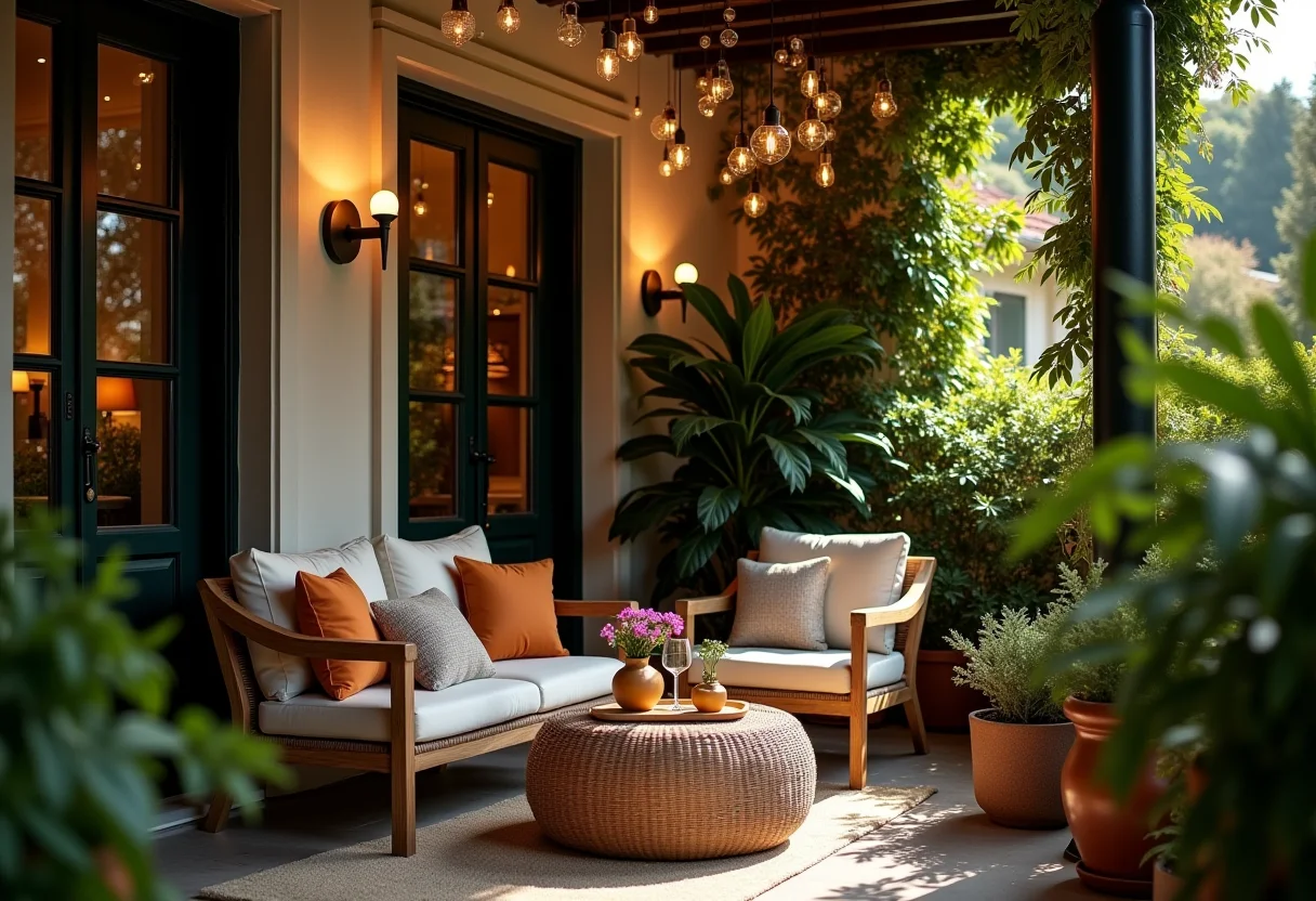 Varanda gourmet pequena decorada com plantas e móveis confortáveis