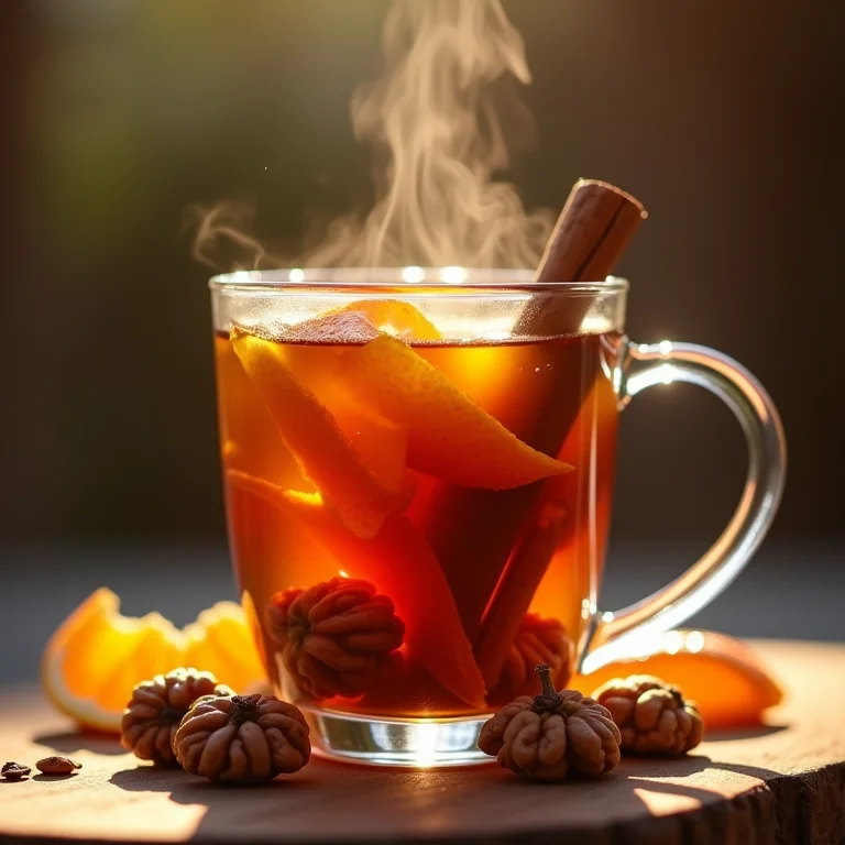 Variação criativa de chá de nogueira com canela e laranja