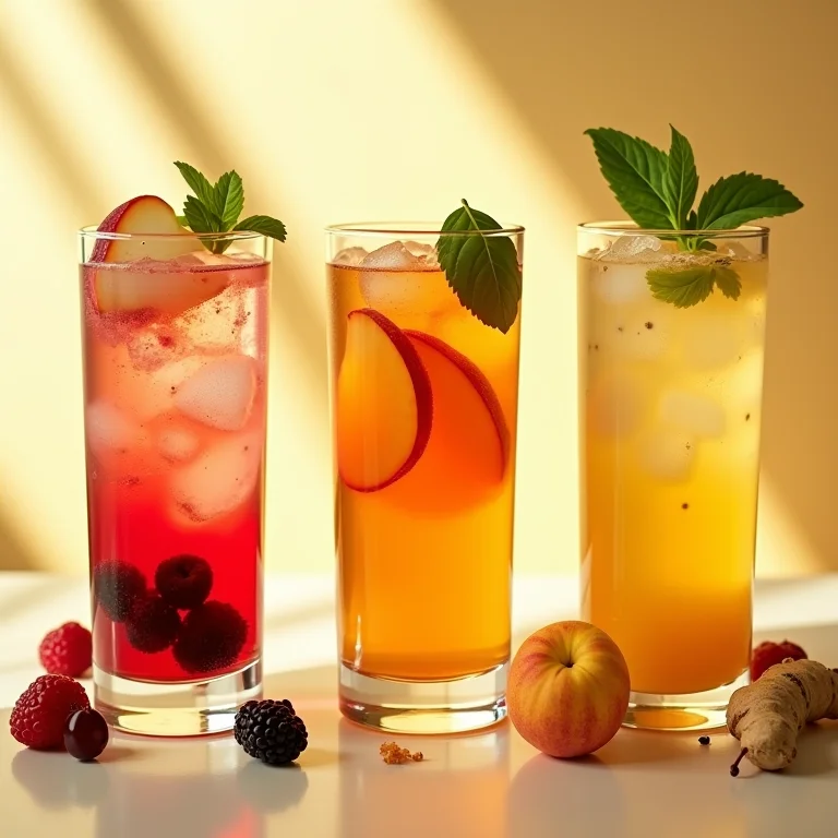 Variações criativas de chá gelado com frutas e ervas.