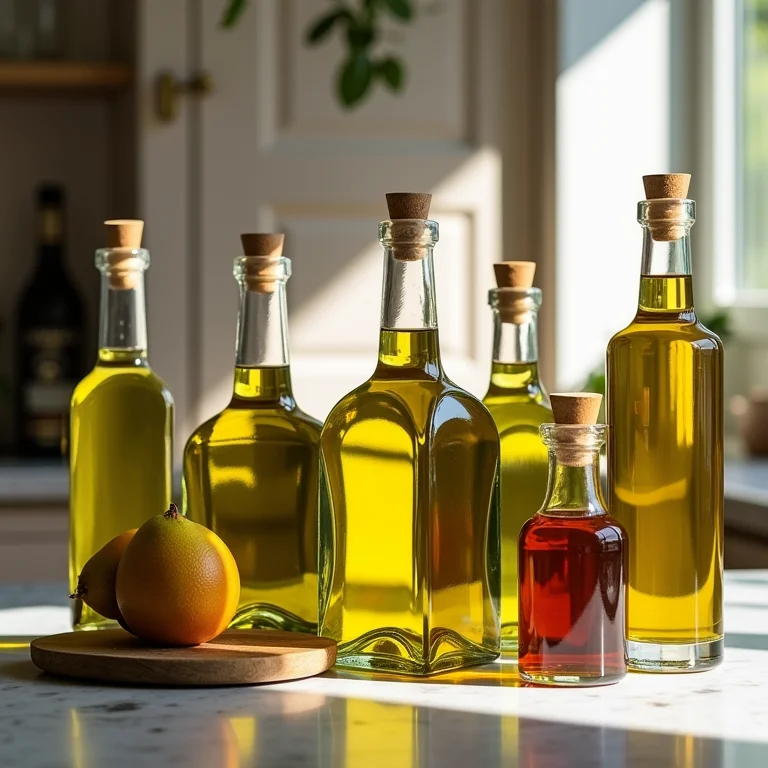 Variedade de azeites e vinagres para harmonização no vinagrete