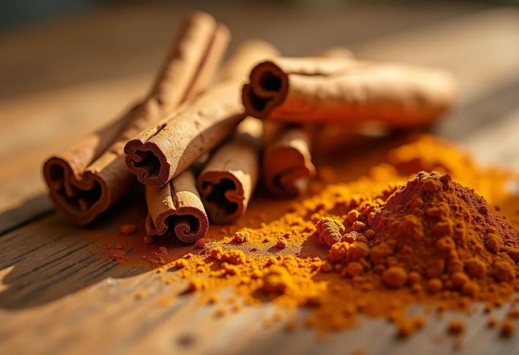 Canela: Descubra os tipos e como usar cada um na cozinha Variedade de canelas em pau e pó dispostas artisticamente sobre mesa de madeira rústica.