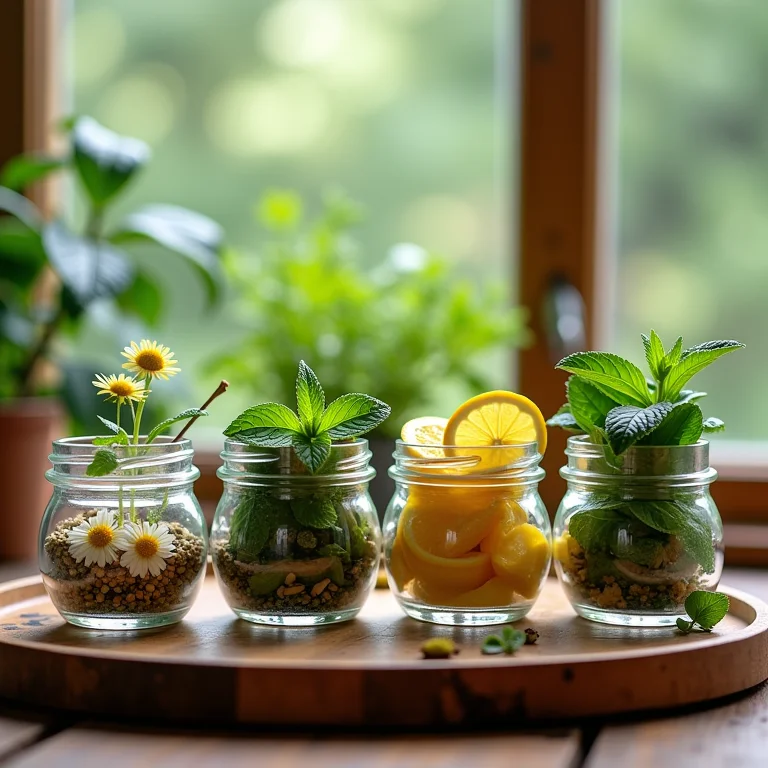 Variedade de chás de ervas seguros em potes de vidro.