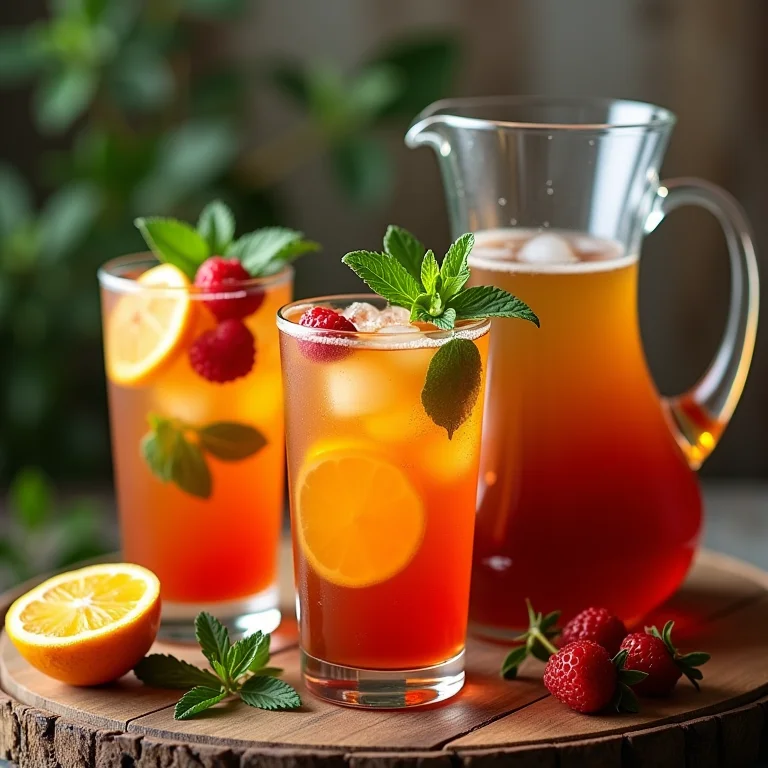 Variedade de chás gelados: chá verde, hibisco e chá preto com diferentes frutas e ervas.