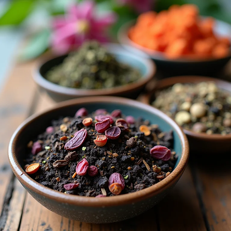 Variedade de chás secos (chá preto, chá verde, hibisco) em tigelas de cerâmica.