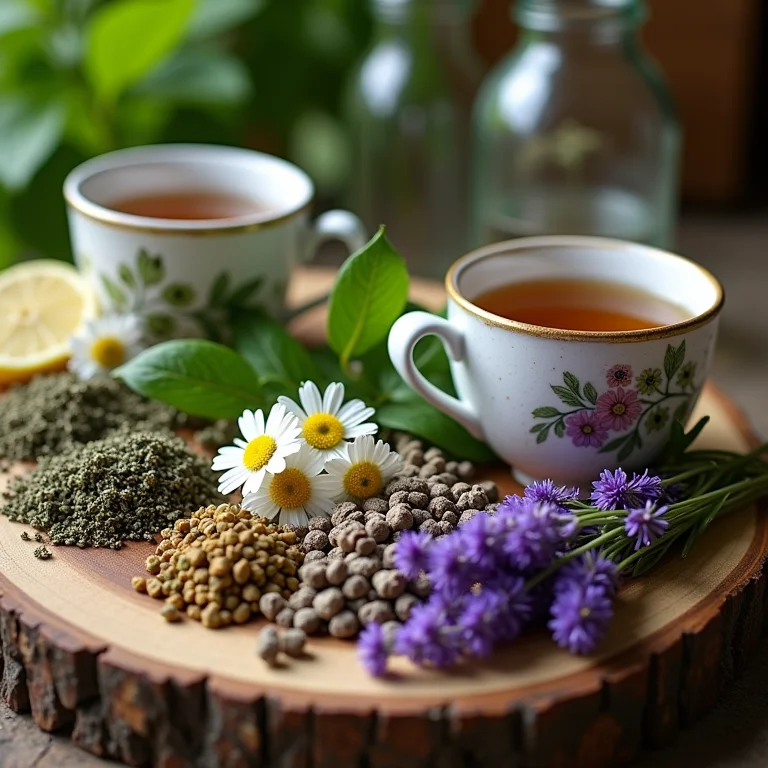 Variedade de ervas calmantes para chá ao lado de xícaras