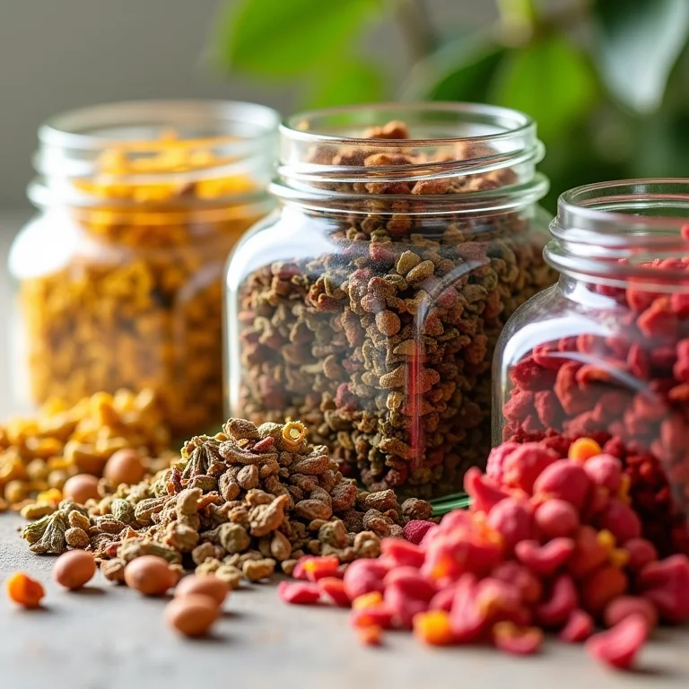 Variedade de ervas e frutas secas para infusões e tisanas.