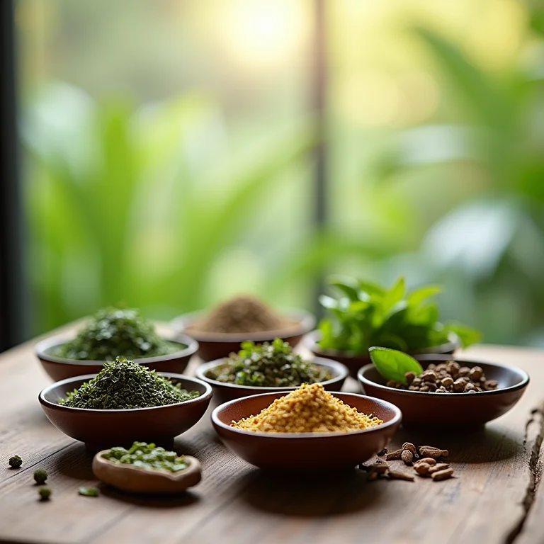 Variedade de ervas para bem-estar em tigelas de cerâmica