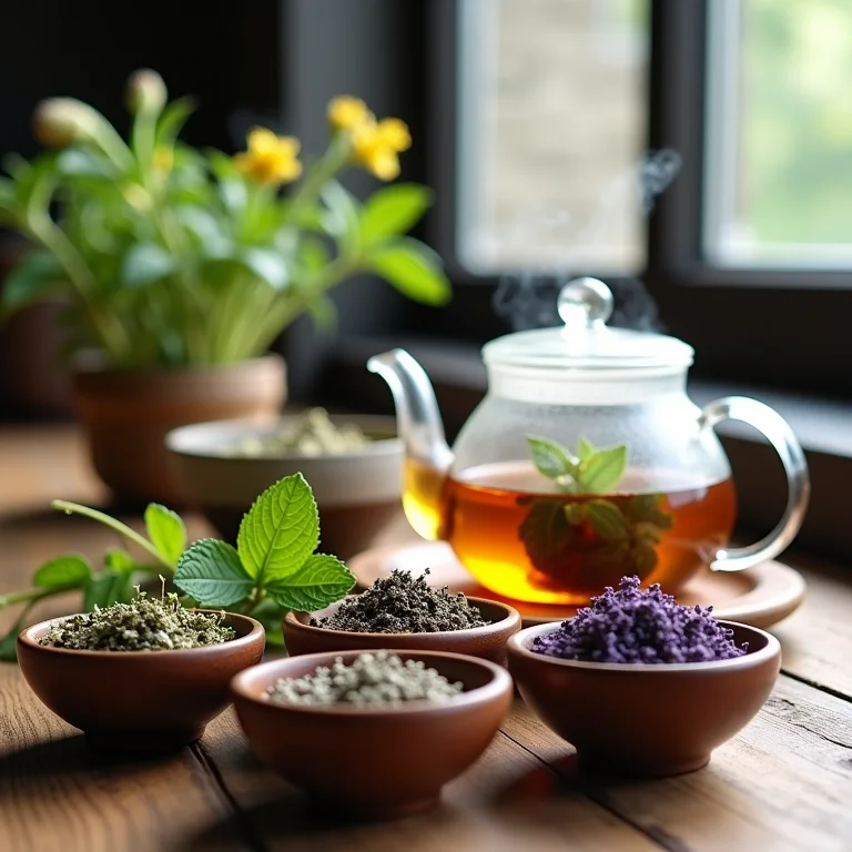 Variedade de ervas secas para infusão e bule de vidro com chá de ervas.