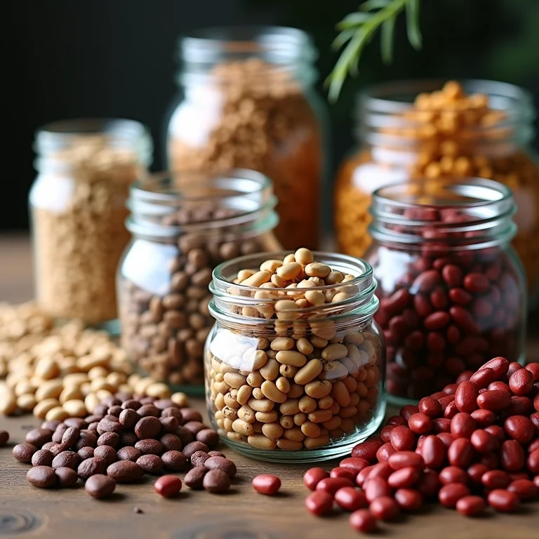 Variedade de feijões secos em potes de vidro sobre superfície de madeira.