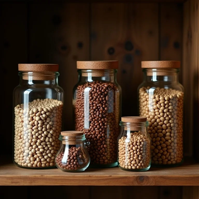 Variedade de feijões secos em potes de vidro.
