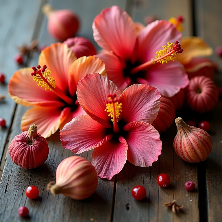 Variedade de flores de hibisco secas em superfície de madeira rústica.
