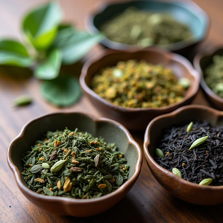 Variedade de folhas de chá em diferentes recipientes.