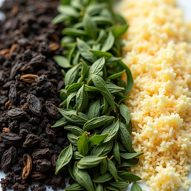 Variedade de folhas de chá (preto, verde, branco) exibindo cores e texturas únicas