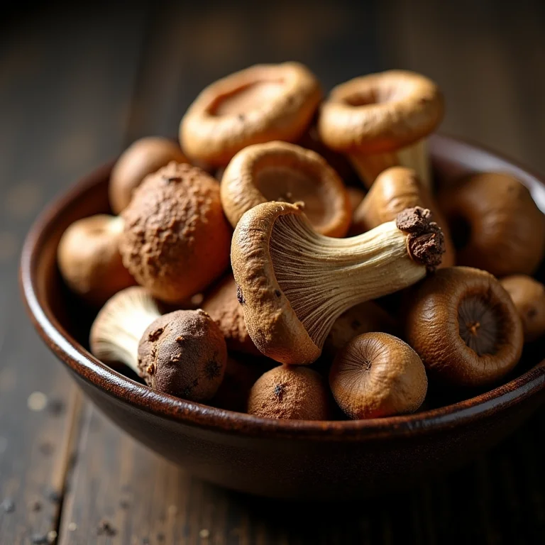 Variedade de funghi seco em tigela de cerâmica
