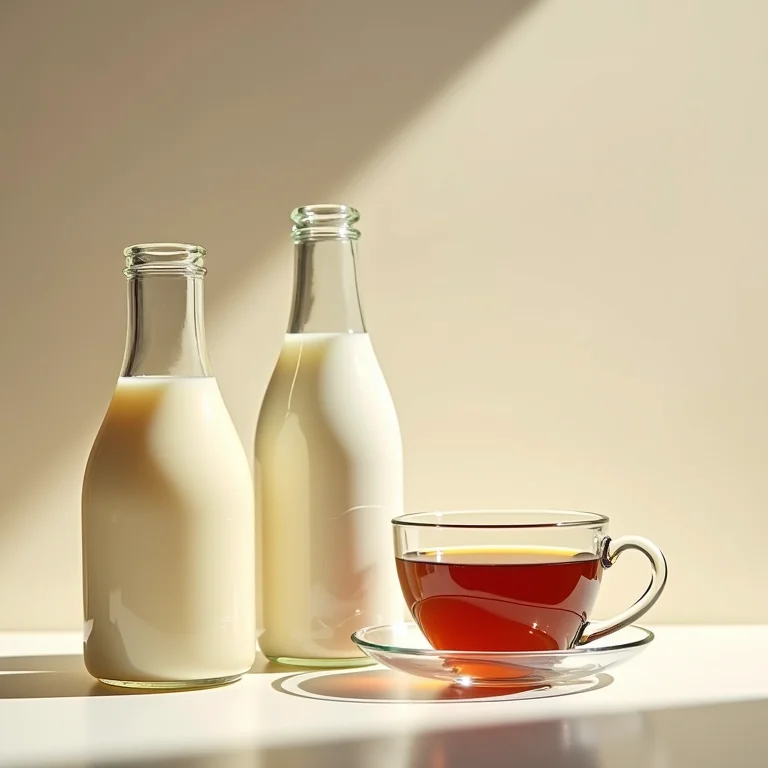 Variedade de leites (vaca e vegetal) ao lado de uma xícara de chá.