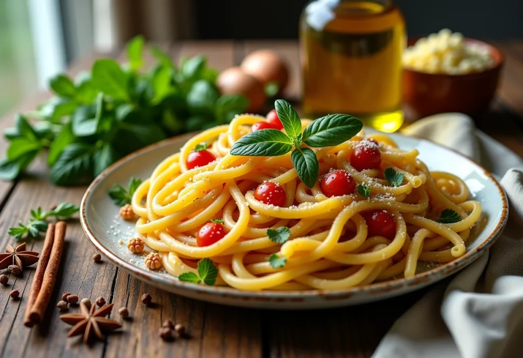 Tempero para macarrão: o segredo italiano para um sabor autêntico Variedade de massas italianas com temperos frescos e azeite.