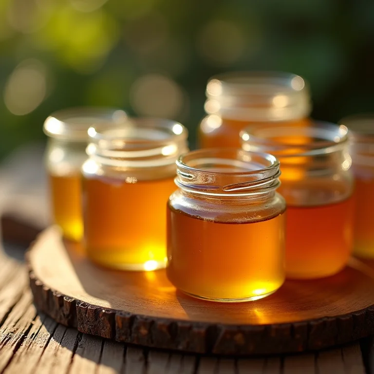 Variedade de méis diferentes em potes de vidro.