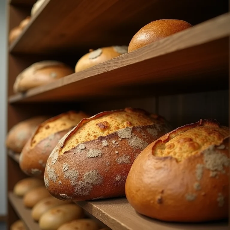 Variedade de pães artesanais em prateleiras de madeira