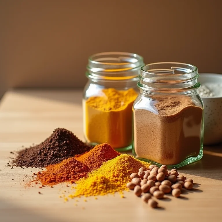 Variedade de temperos em potes de vidro ao lado de proteína de soja.