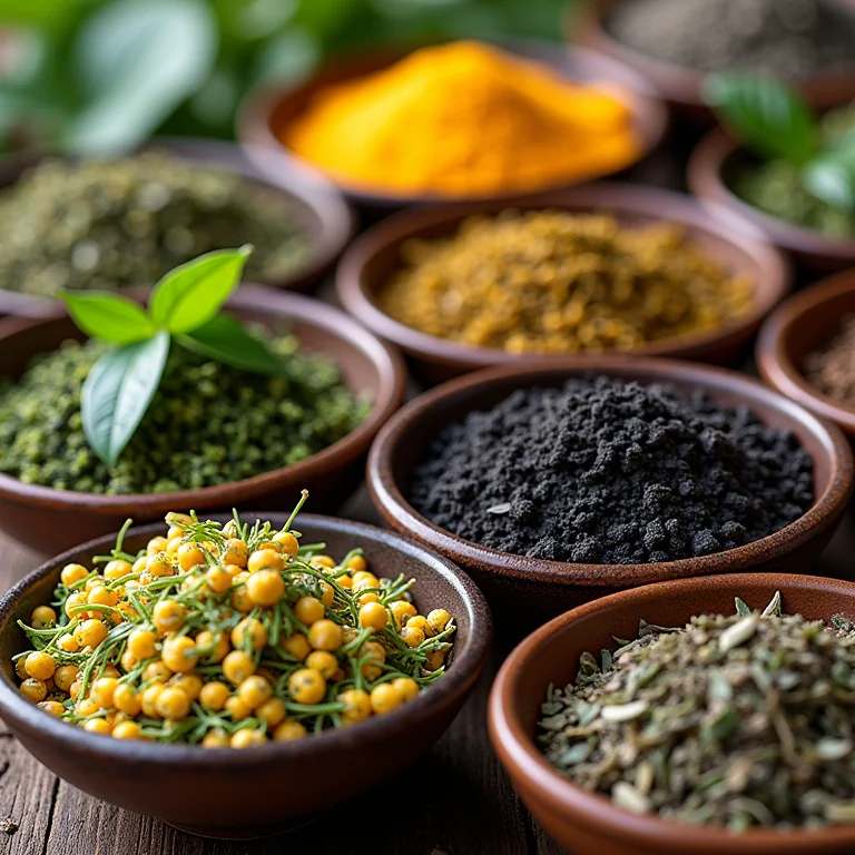 Variedade de tipos de chá em pequenos recipientes de cerâmica