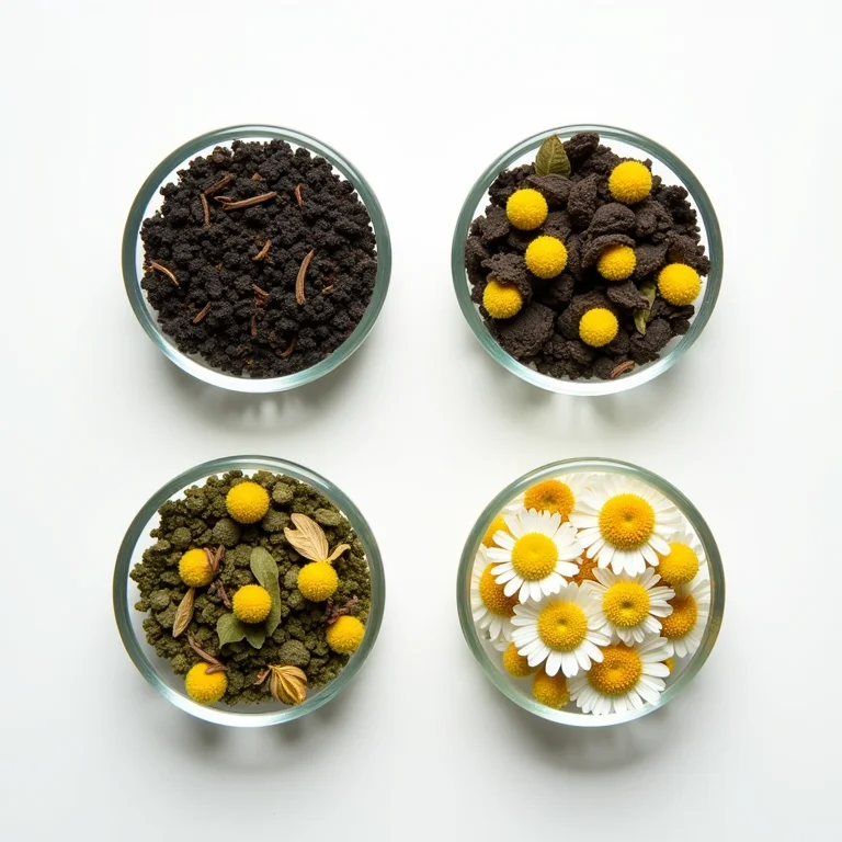 Variedade de tipos de chá em tigelas de vidro: chá preto, chá verde, camomila e chá branco.