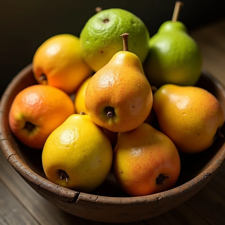 Variedade de tipos de goiaba em uma tigela rústica